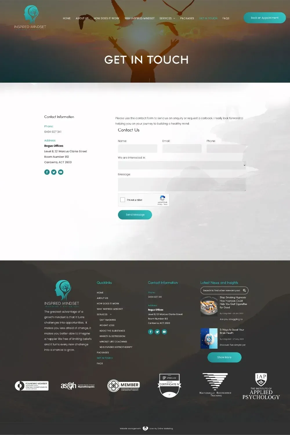 Inspired Mindset contact us page preview