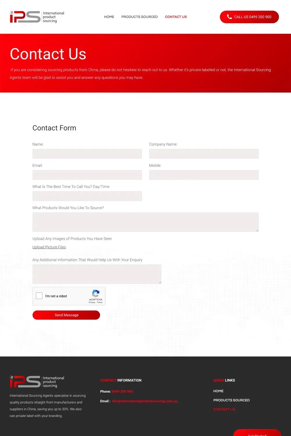 International Product Sourcing contact us page preview