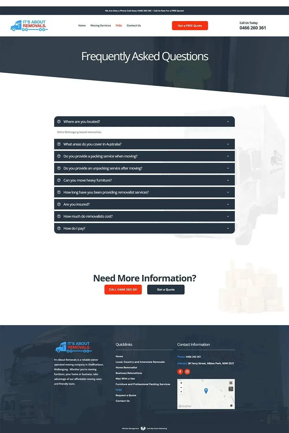 It's About Removals faq page preview