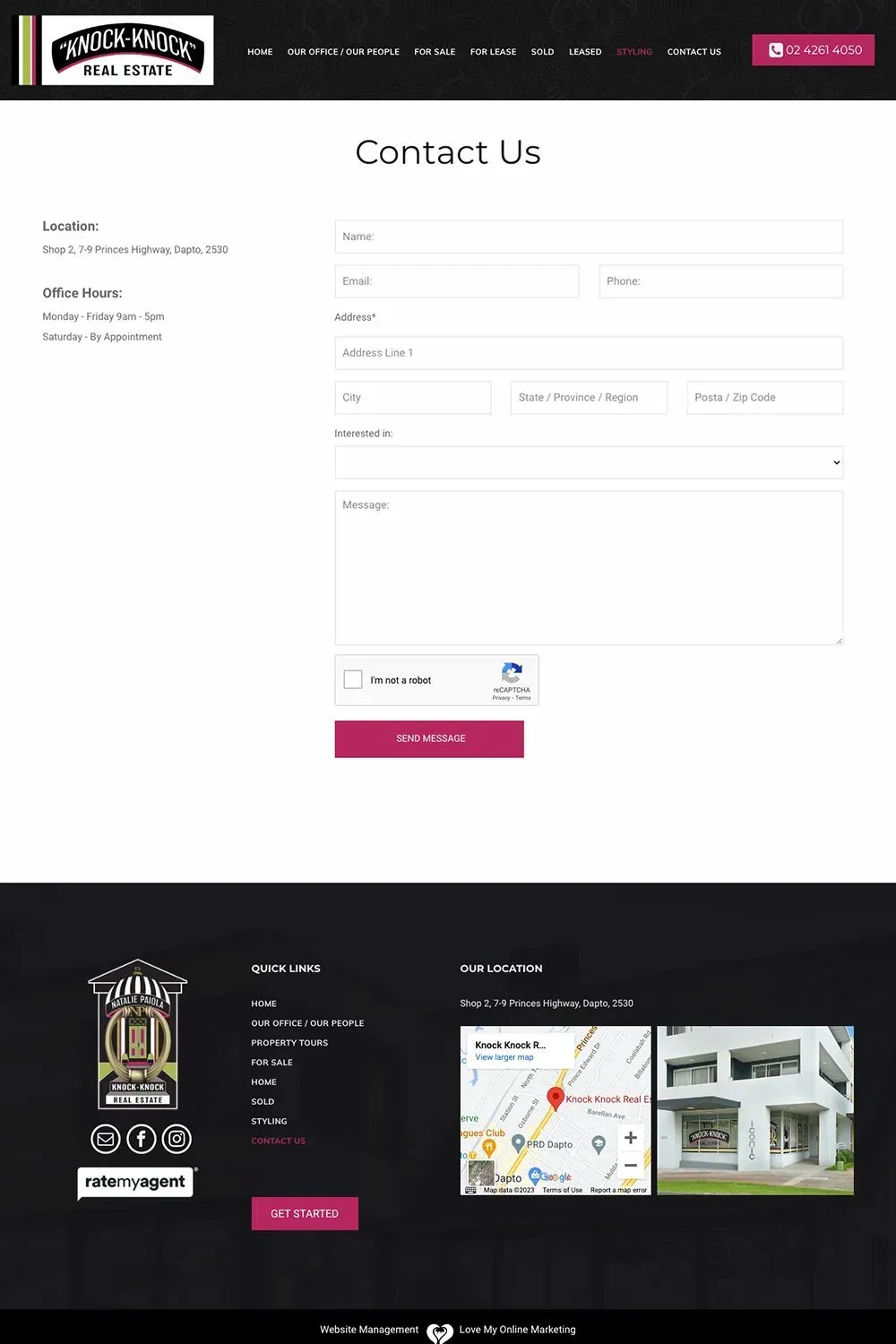 Knock Knock Real Estate contact us page preview