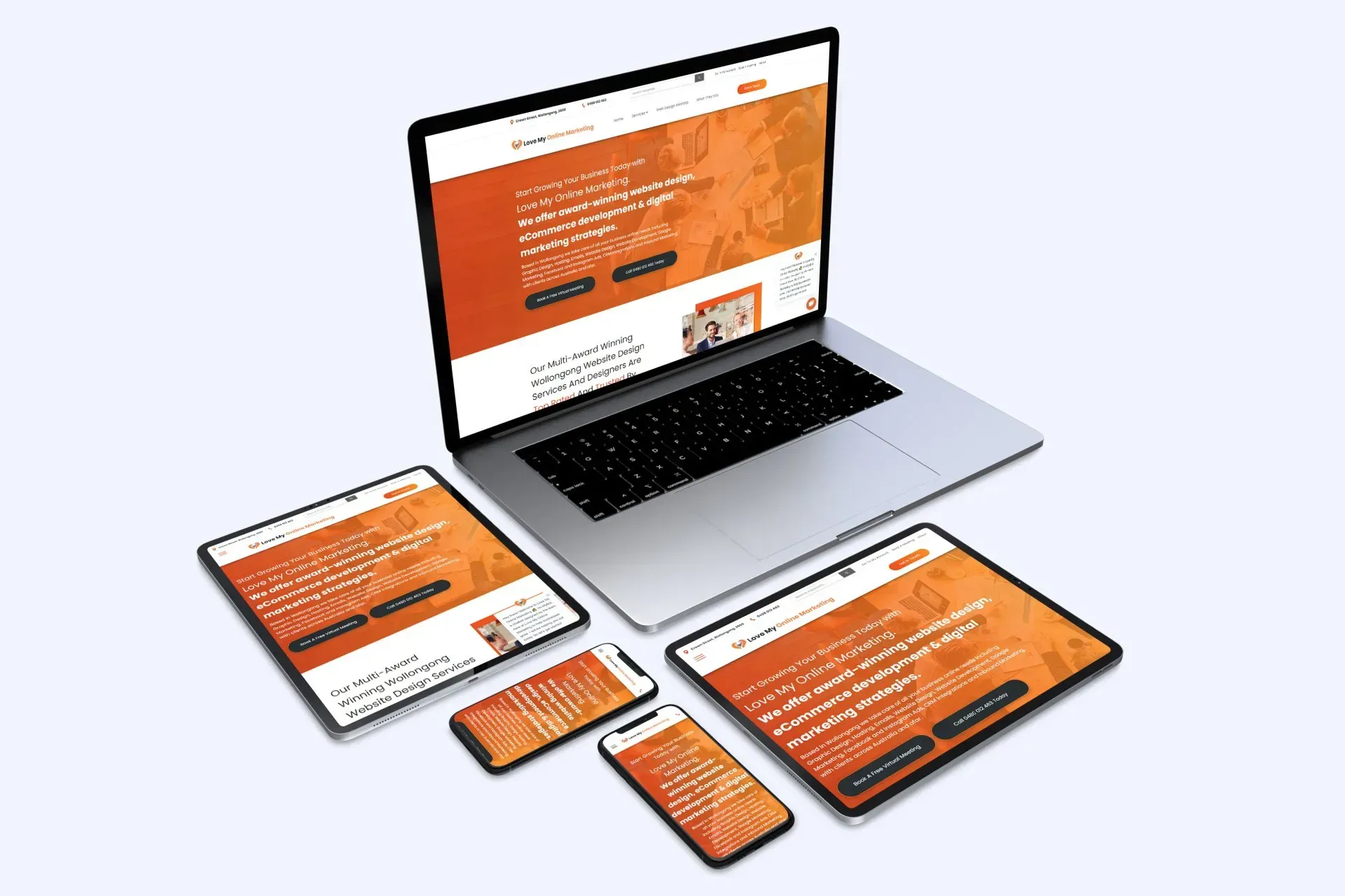 the Love My Online Marketing website opened on multiple devices