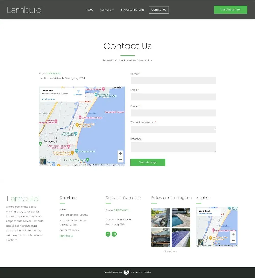 Lambuild contact us page preview
