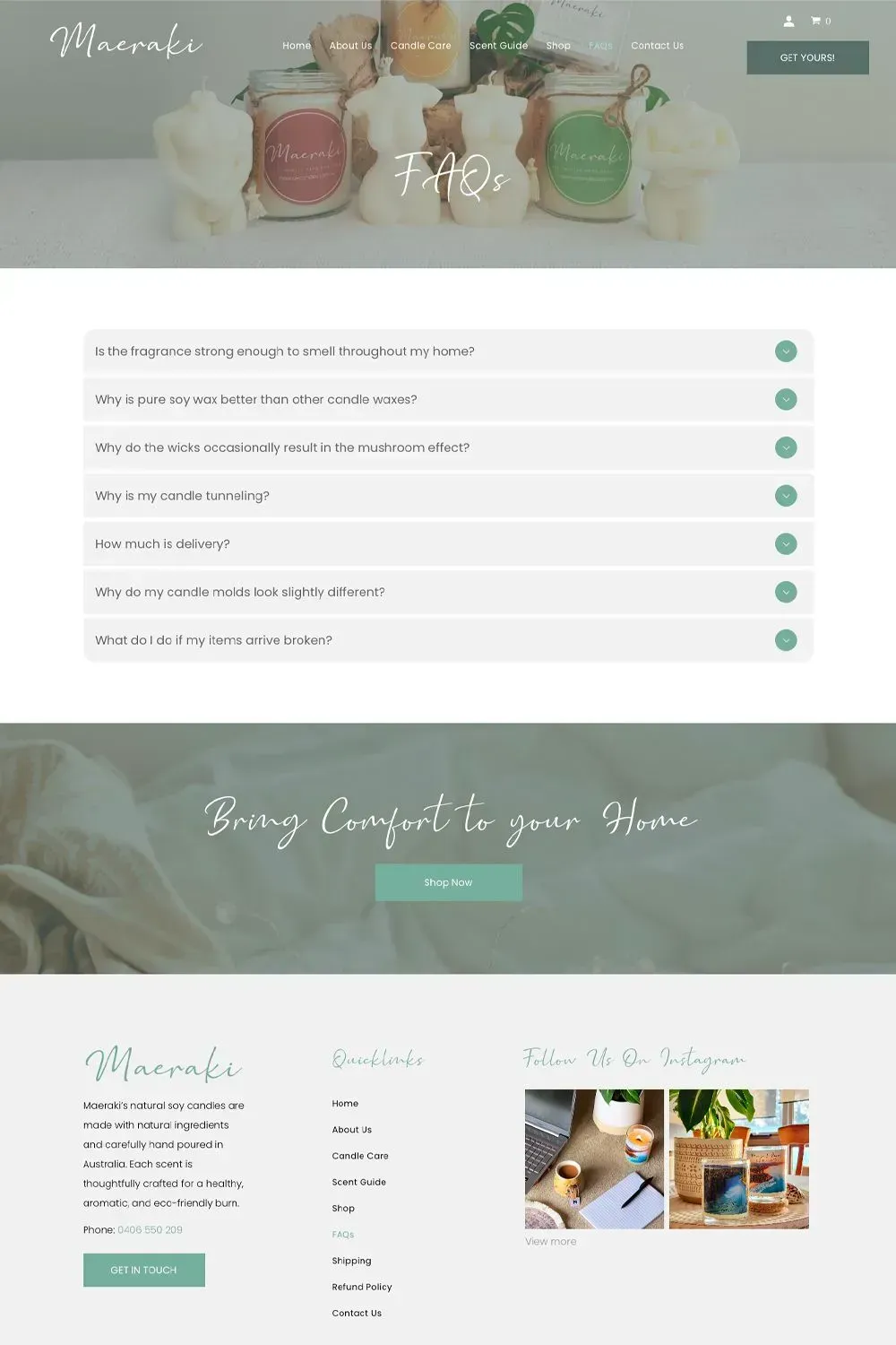 Maeraki Candles FAQs page preview