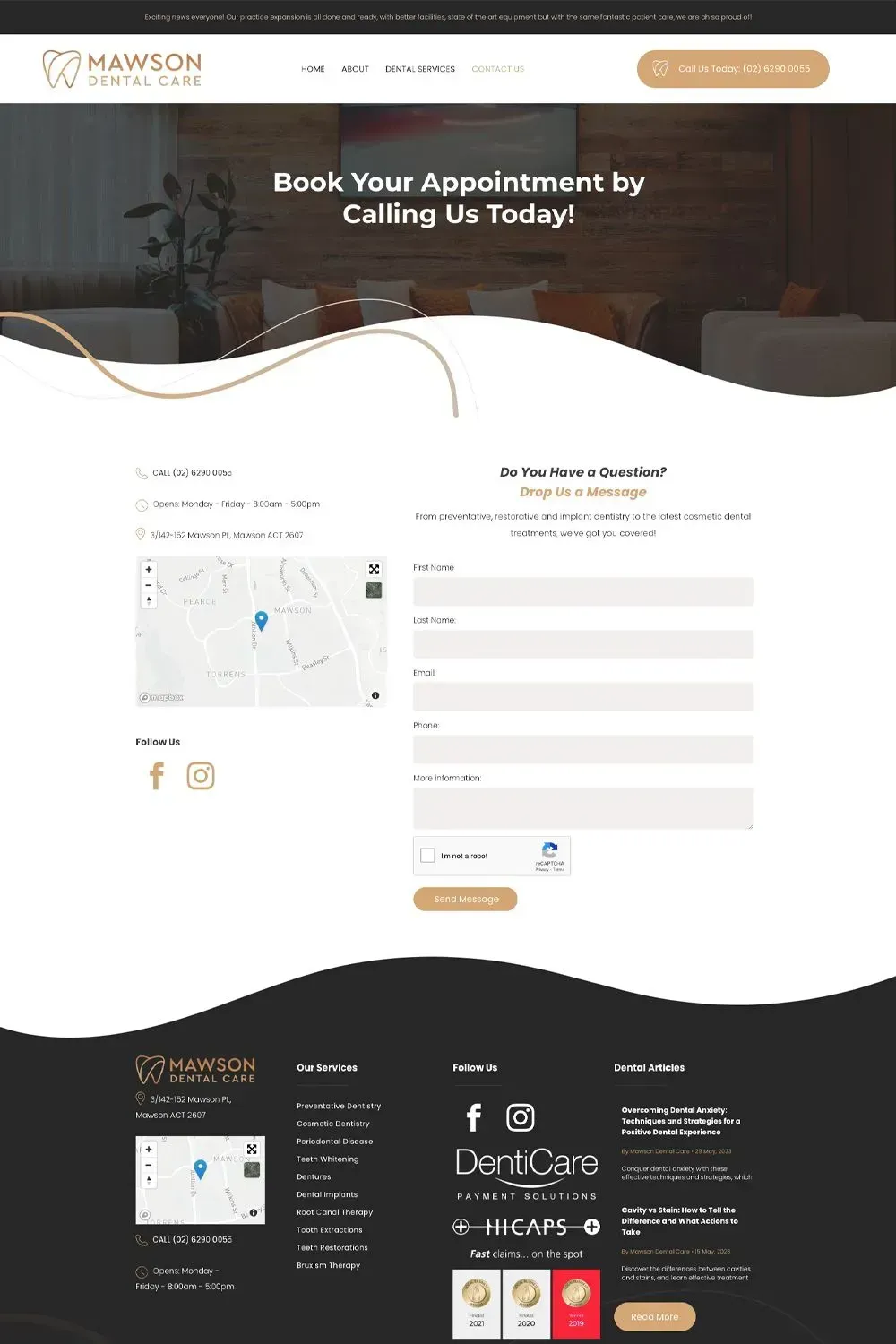 Mawson Dental Care contact us page preview