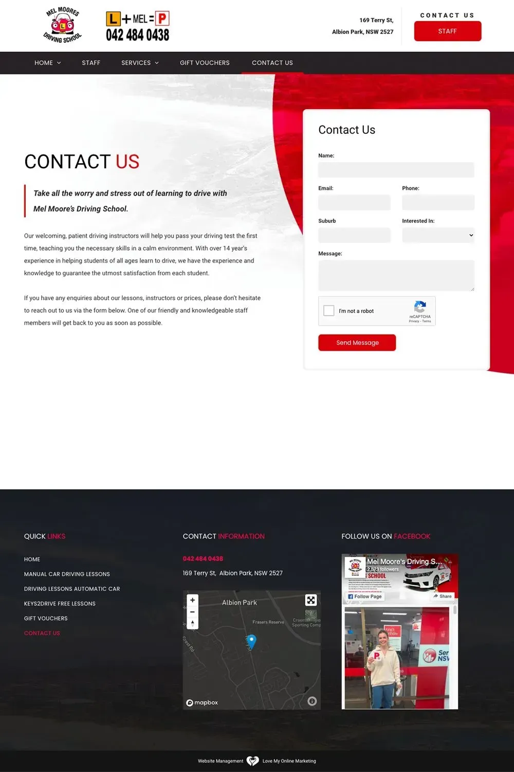 Mel Moore's Driving School contact us page preview