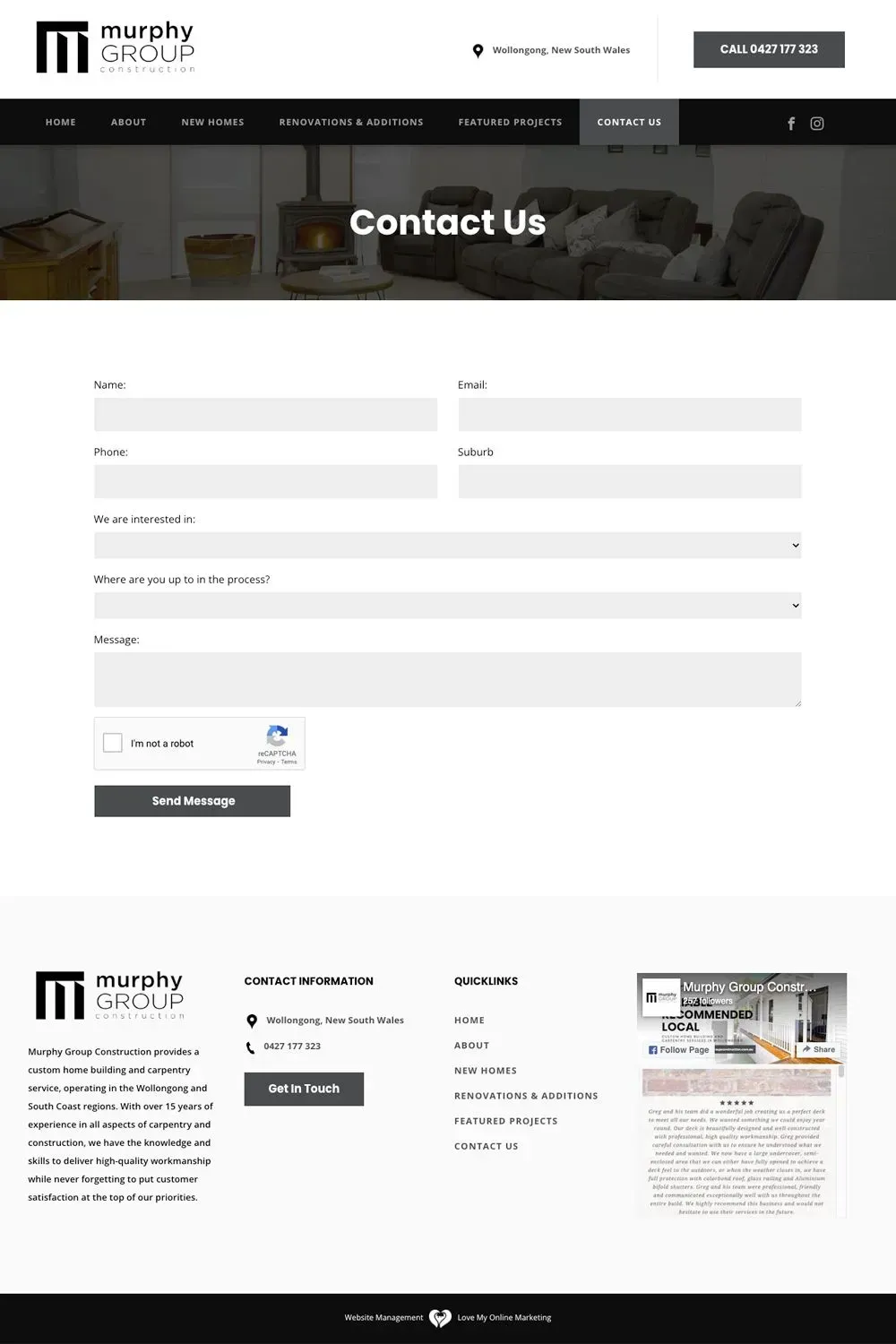Murphy Group Construction contact us page preview