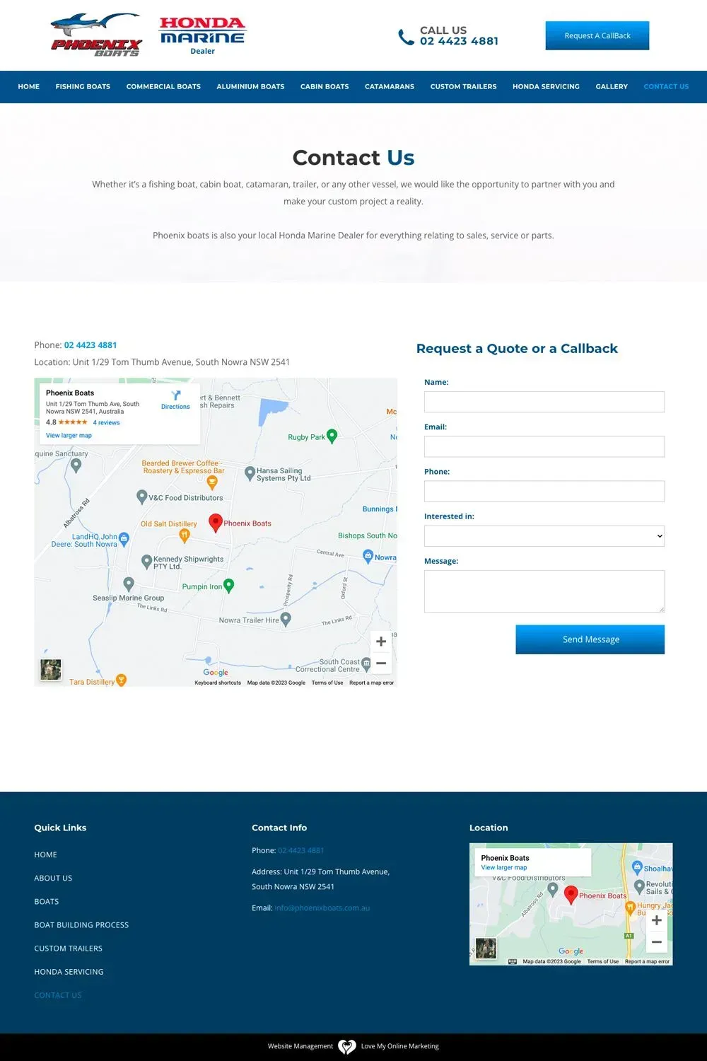 Phoenix Boats contact us page preview