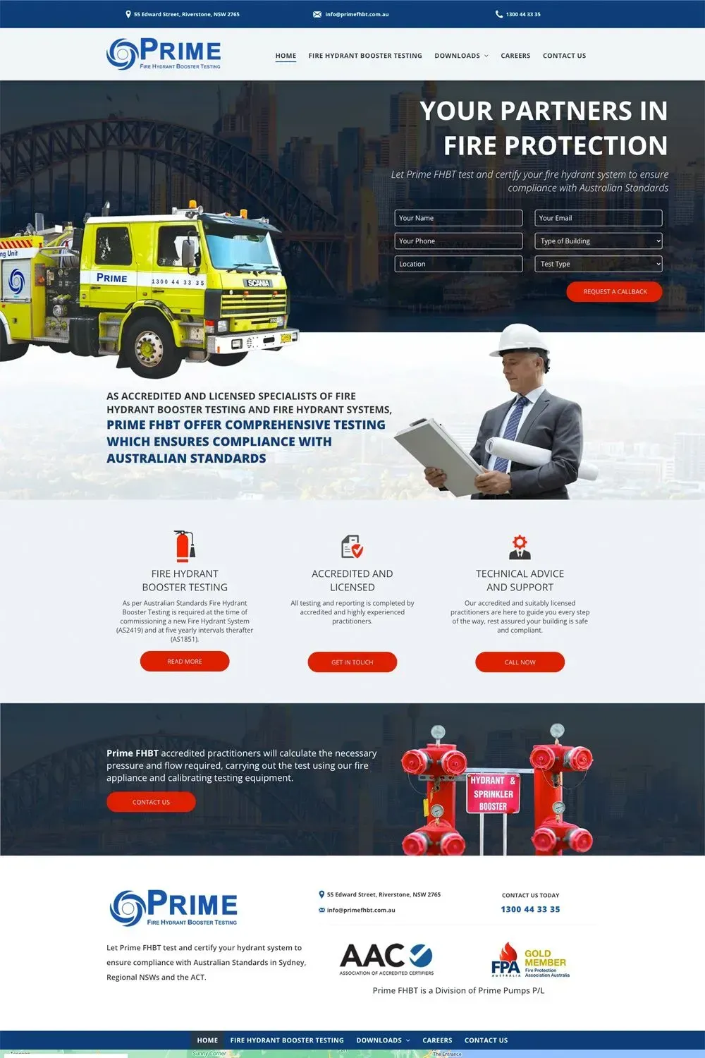 Prime Fire Hydrant Booster Testing website preview - home page