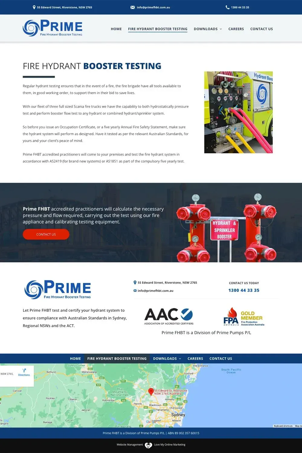 Prime Fire Hydrant Booster Testing website preview - internal page