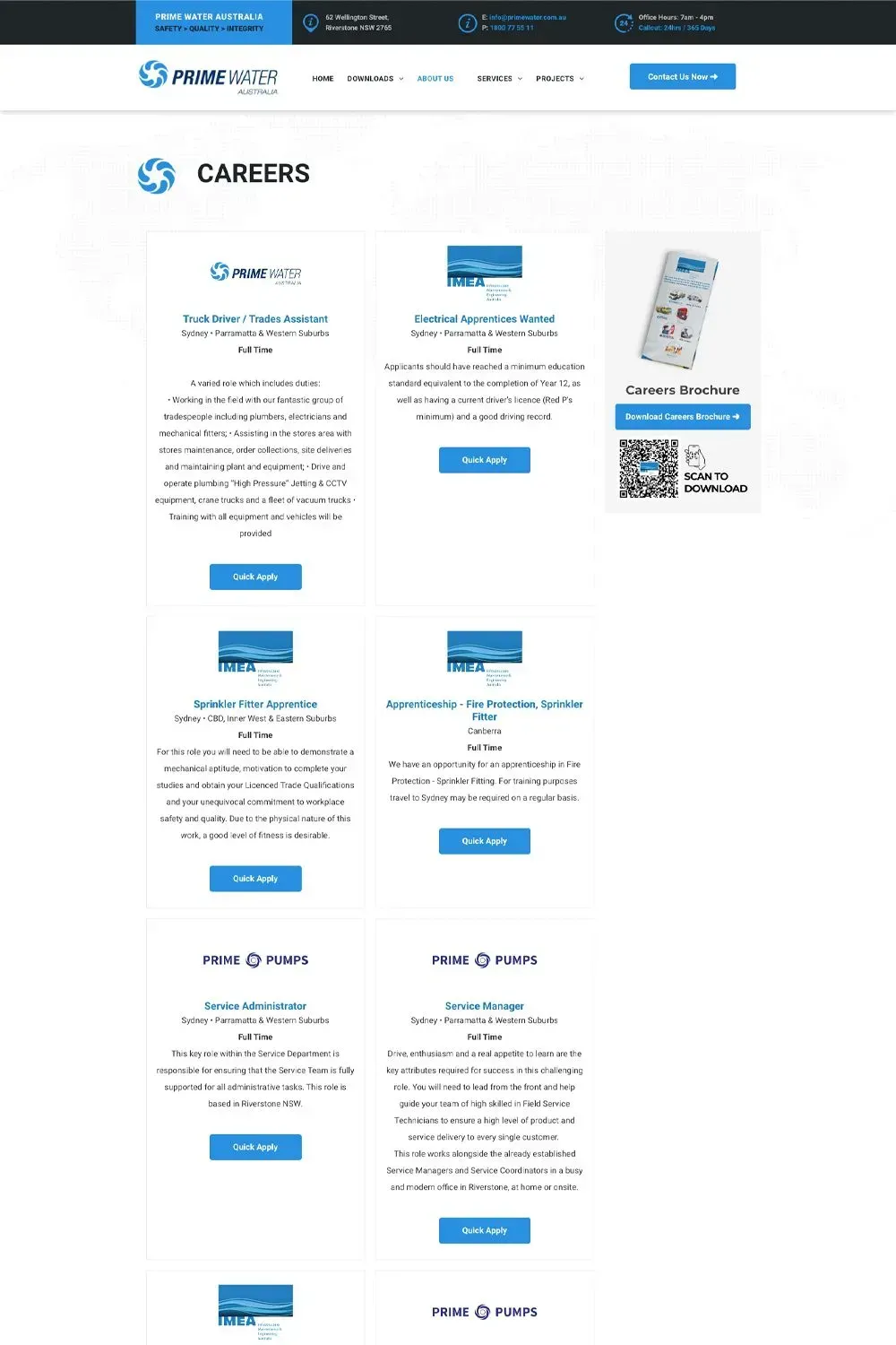 Prime Water Australia website preview - careers page