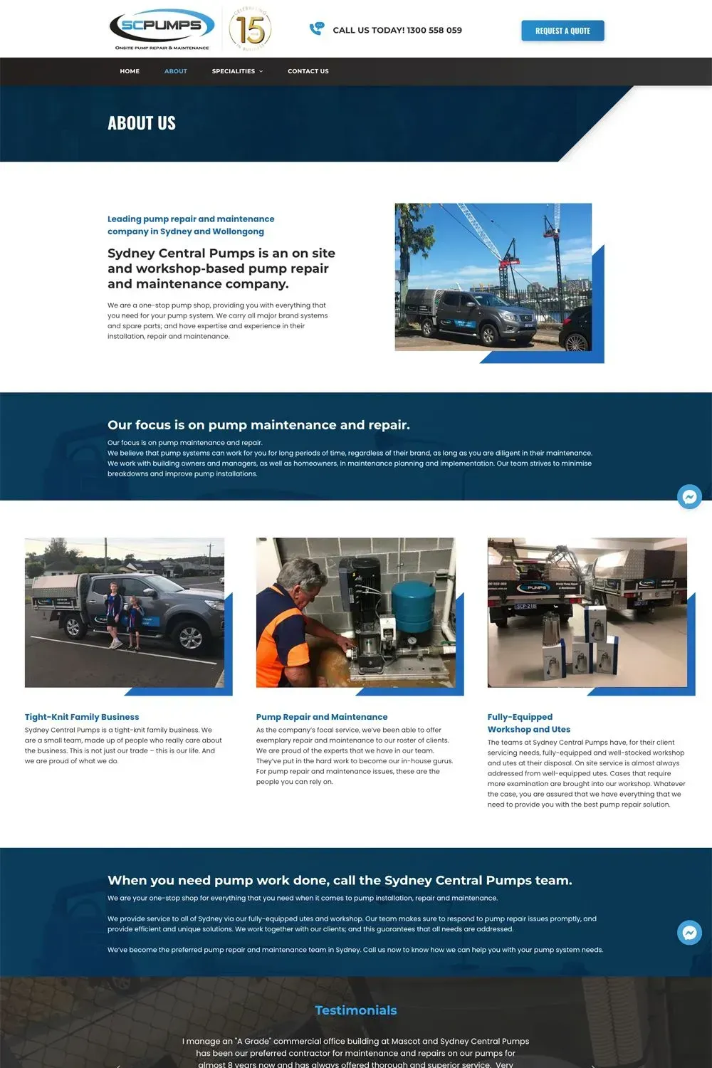 Sydney Central Pumps website preview - about us page