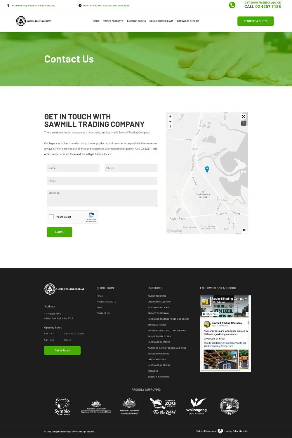 Sawmill Trading contact us page preview