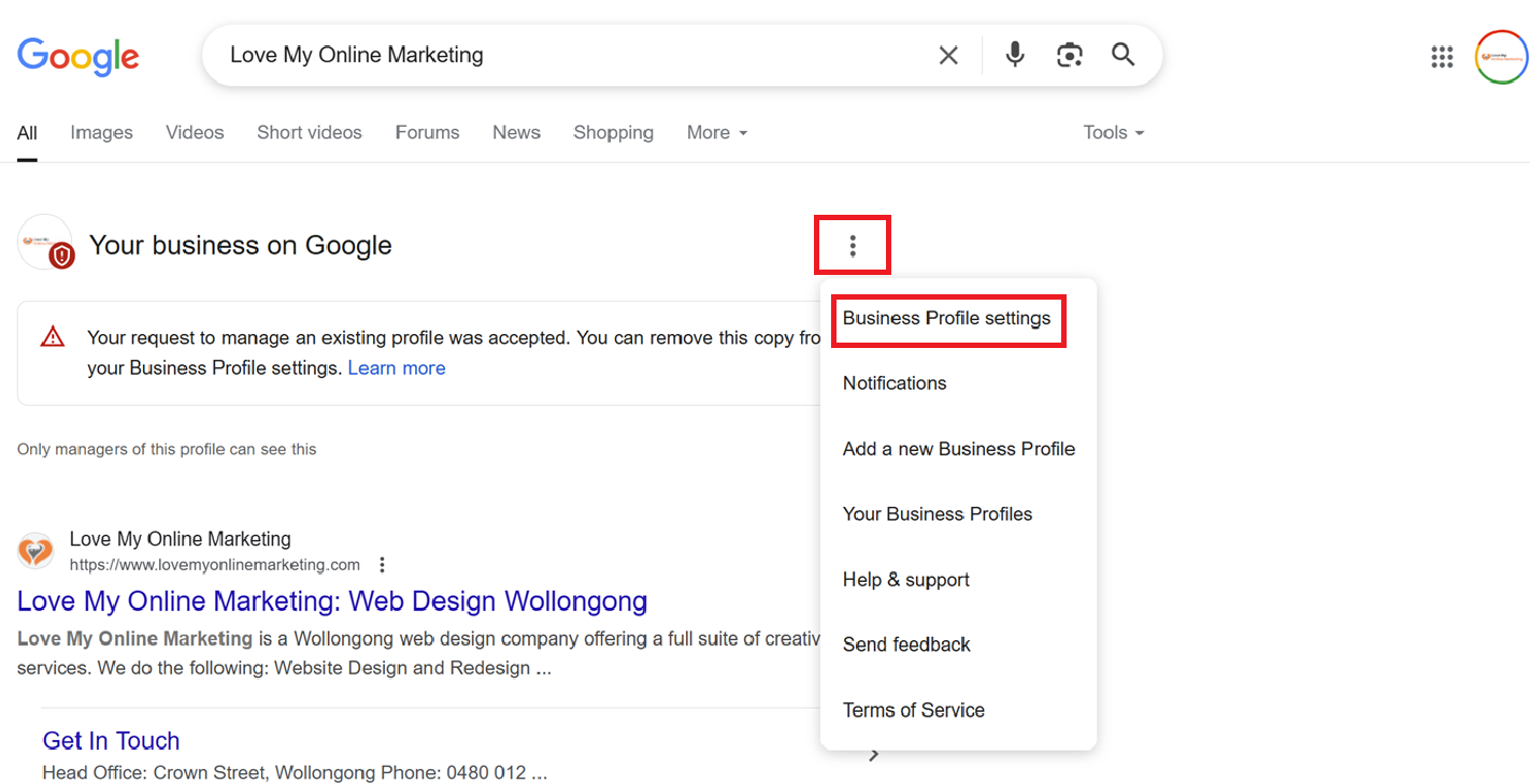 Business profile settings