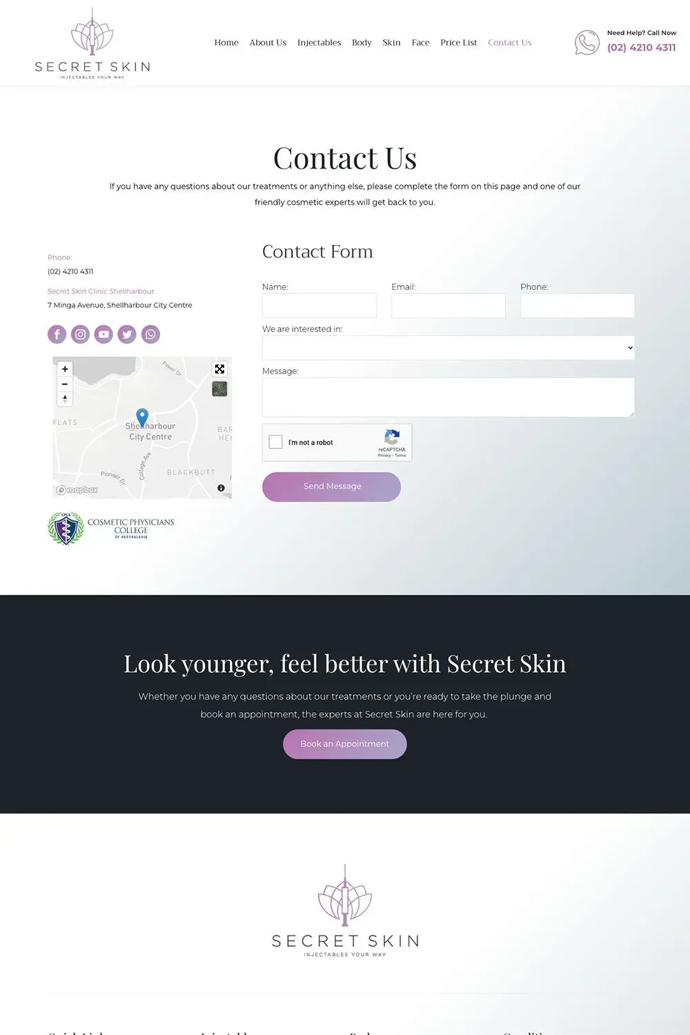 Secret Skin Shellharbour contact us page preview