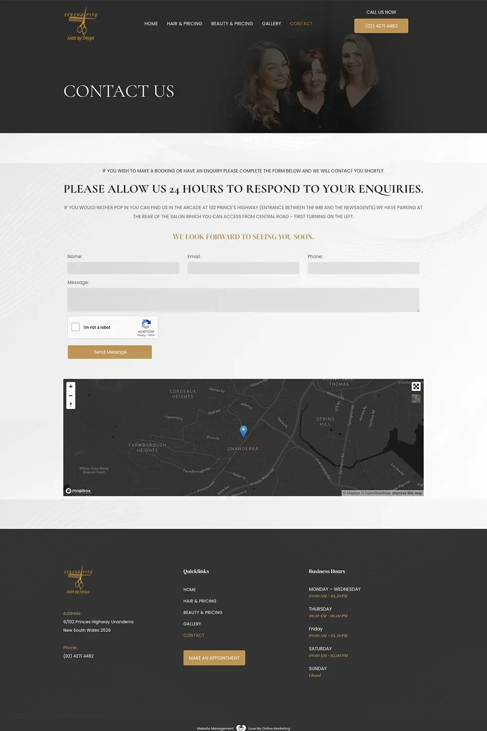 Serendipity Hair by Tanya contact us page preview