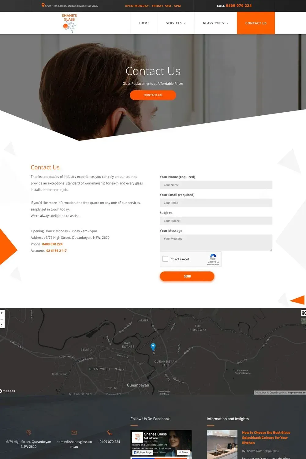 Shane's Glass contact us page preview