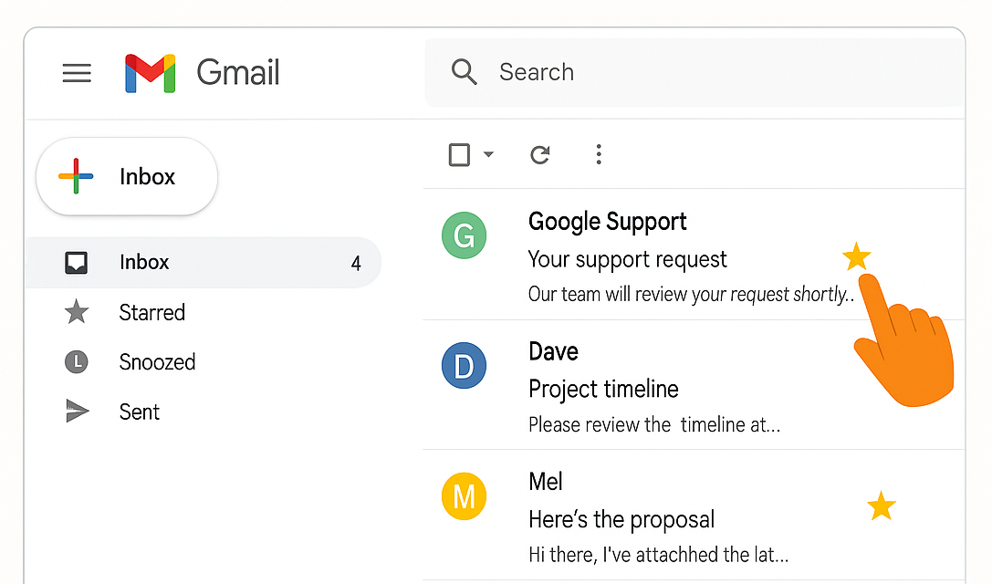 A person is pointing at a gmail email in their inbox.