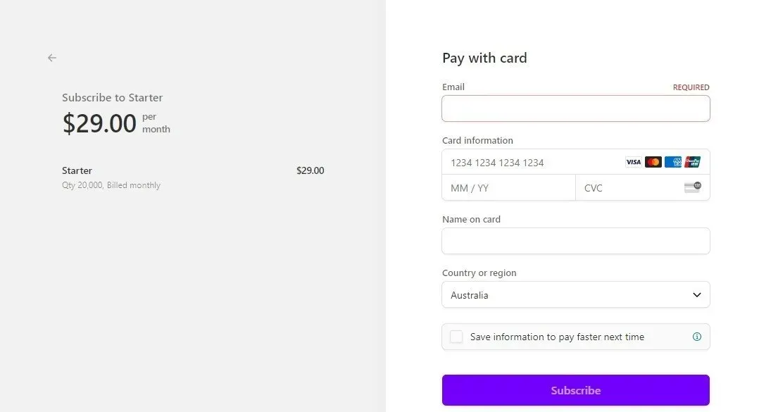 the part where you enter your card details to start using the tool