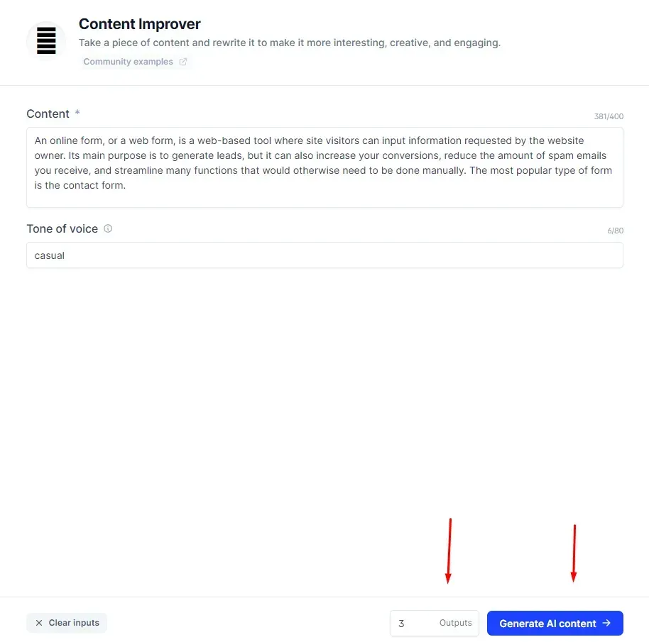 the output selection and generate content button under the content improver template