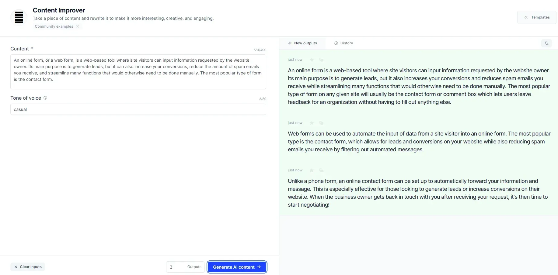 the outputs of the AI content generator