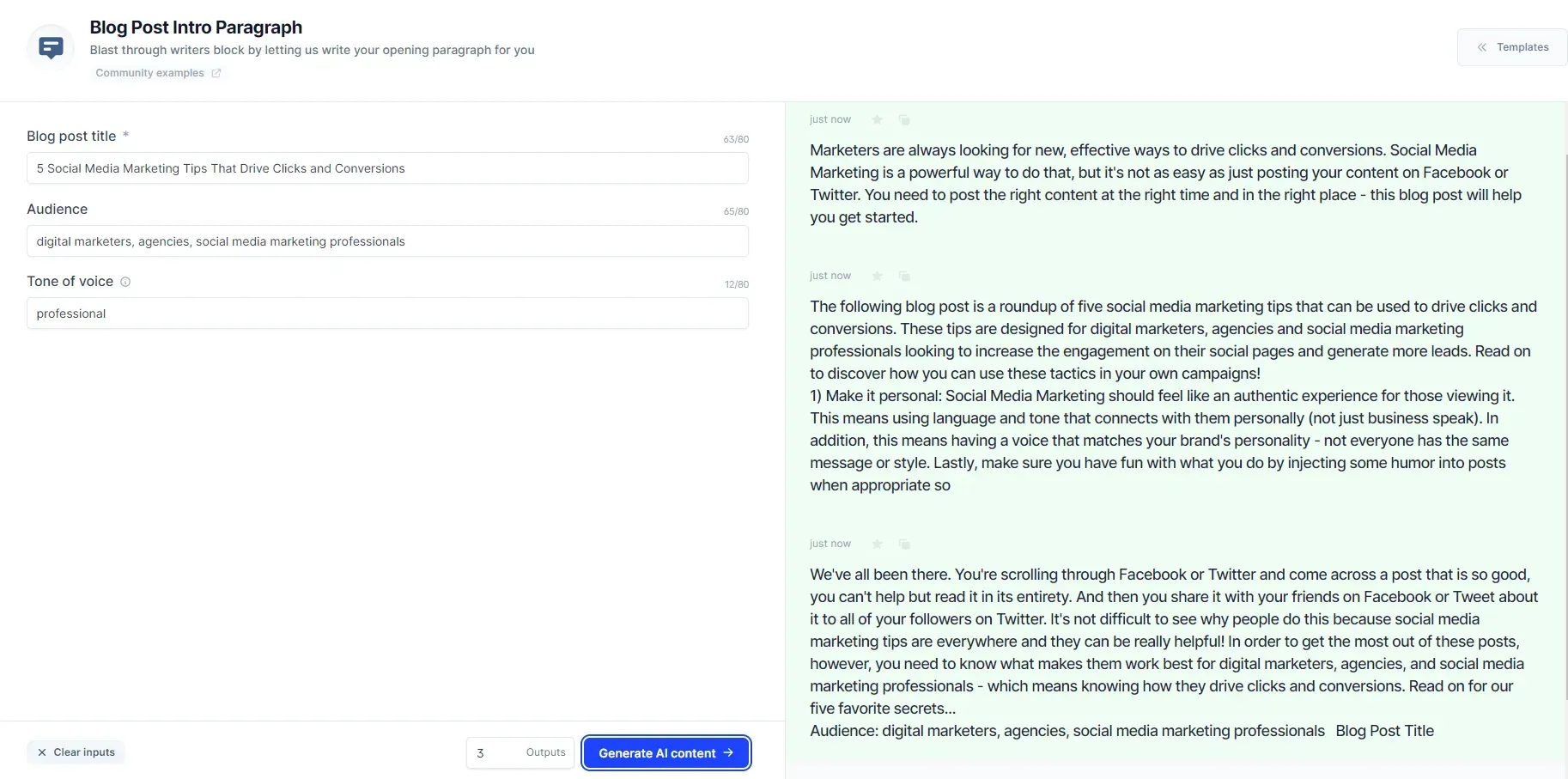 the intro paragraph outputs of the AI content generator