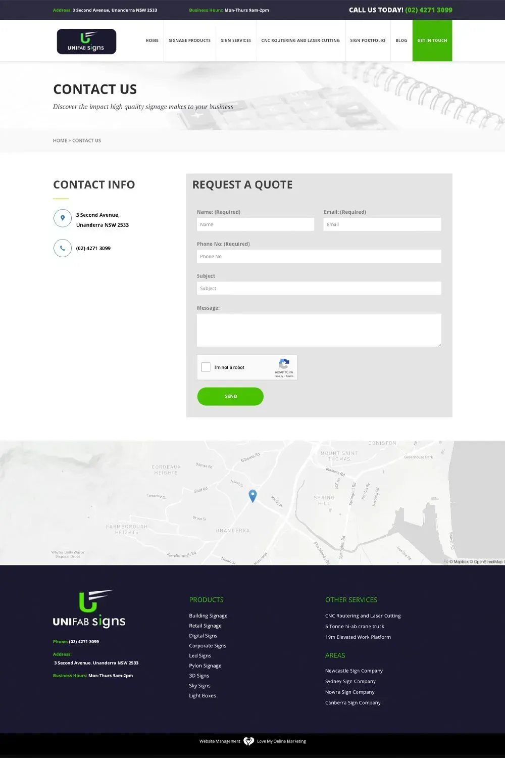 Unifab Signs contact us page preview