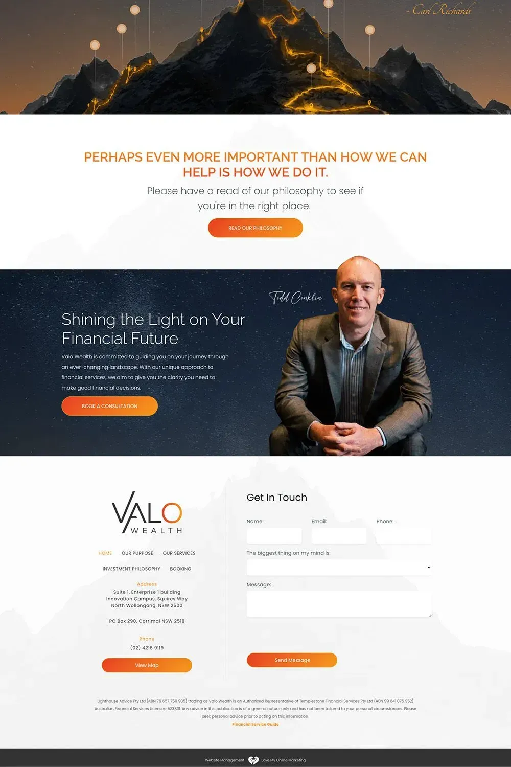 Valo Wealth home page preview (lower part)