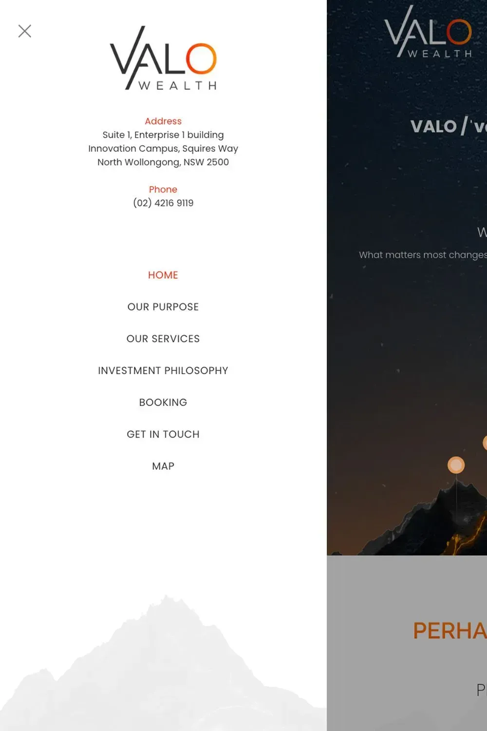 Valo Wealth navigation menu preview