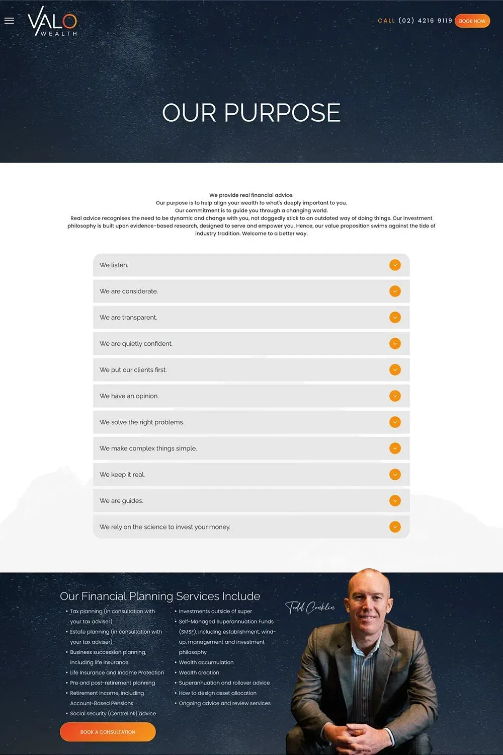 Valo Wealth internal page menu preview