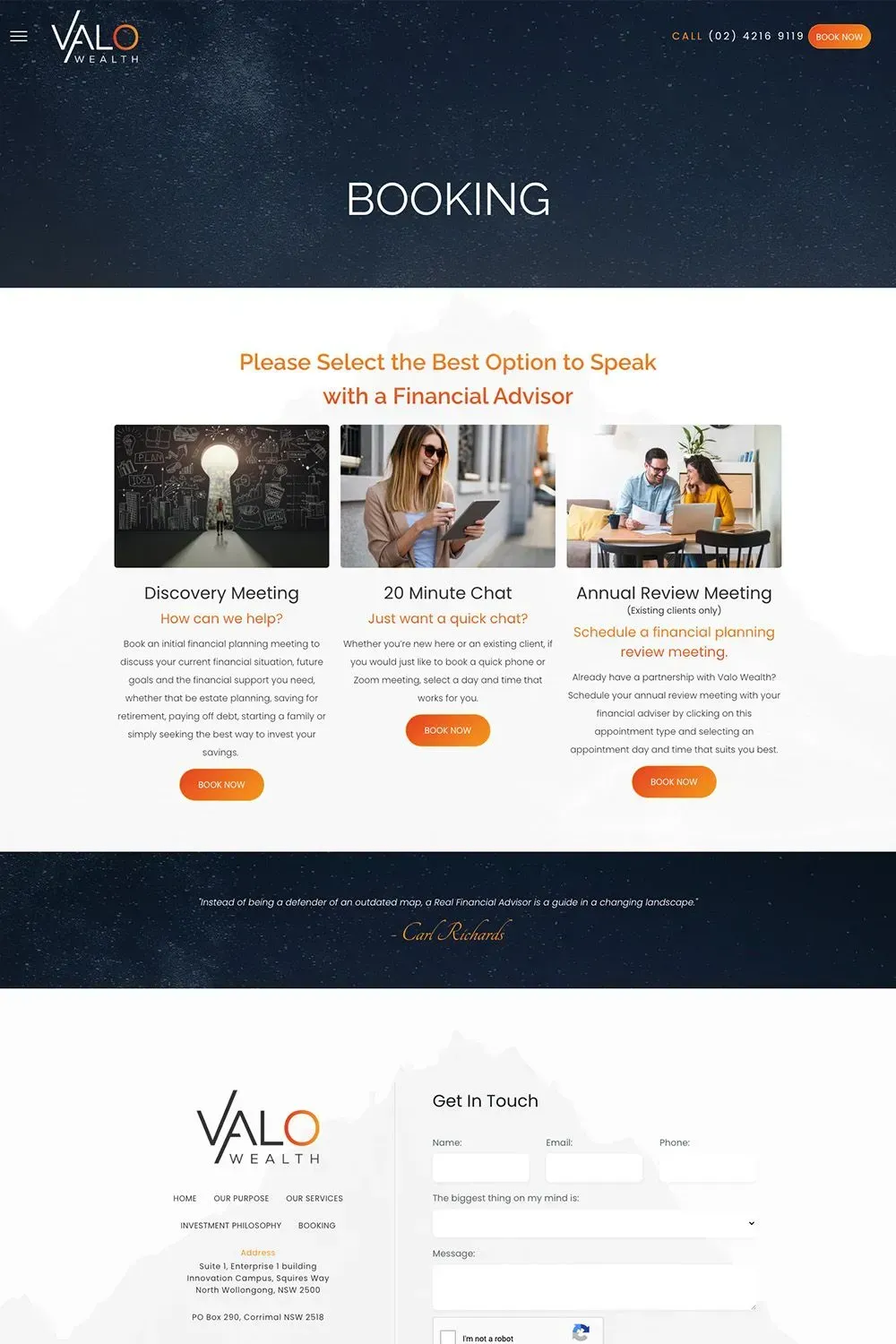 Valo Wealth booking page preview