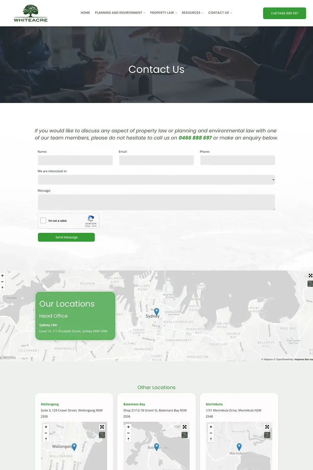 Whiteacre Legal contact us page preview