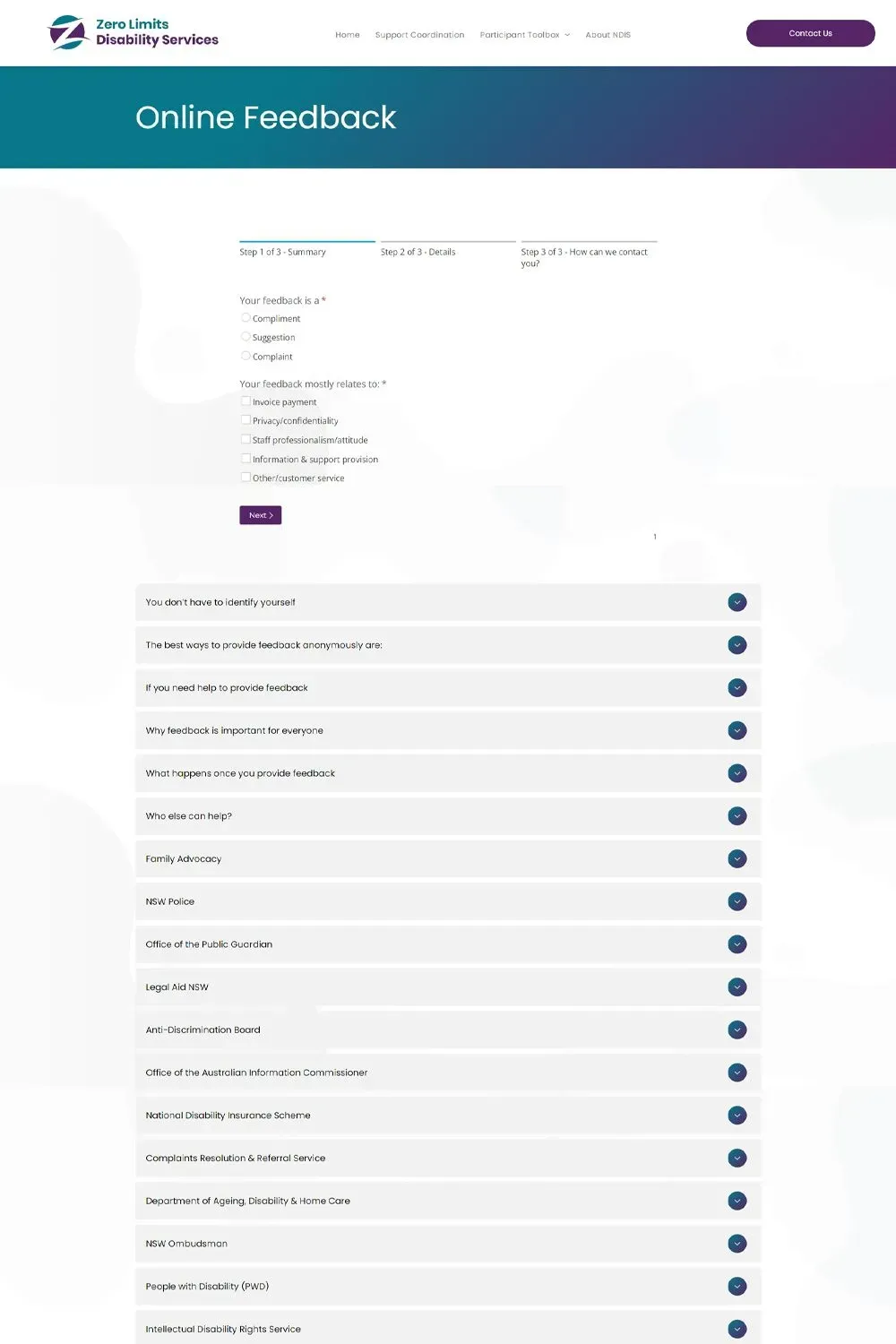 Zero Limits Disability Services internal page website preview #2
