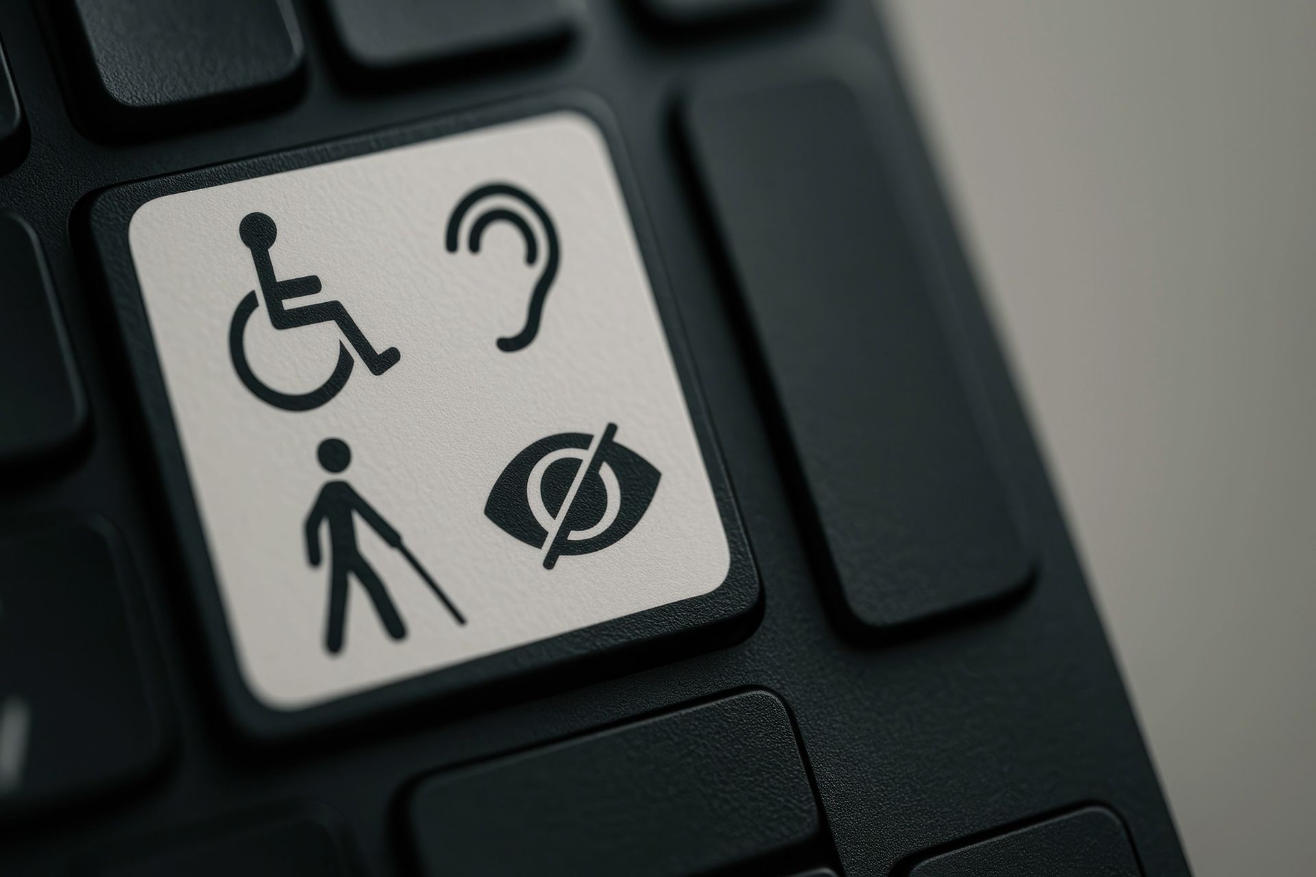 Close-up of keyboard key with accessibility icons: wheelchair, ear, person with cane, and eye with slash.