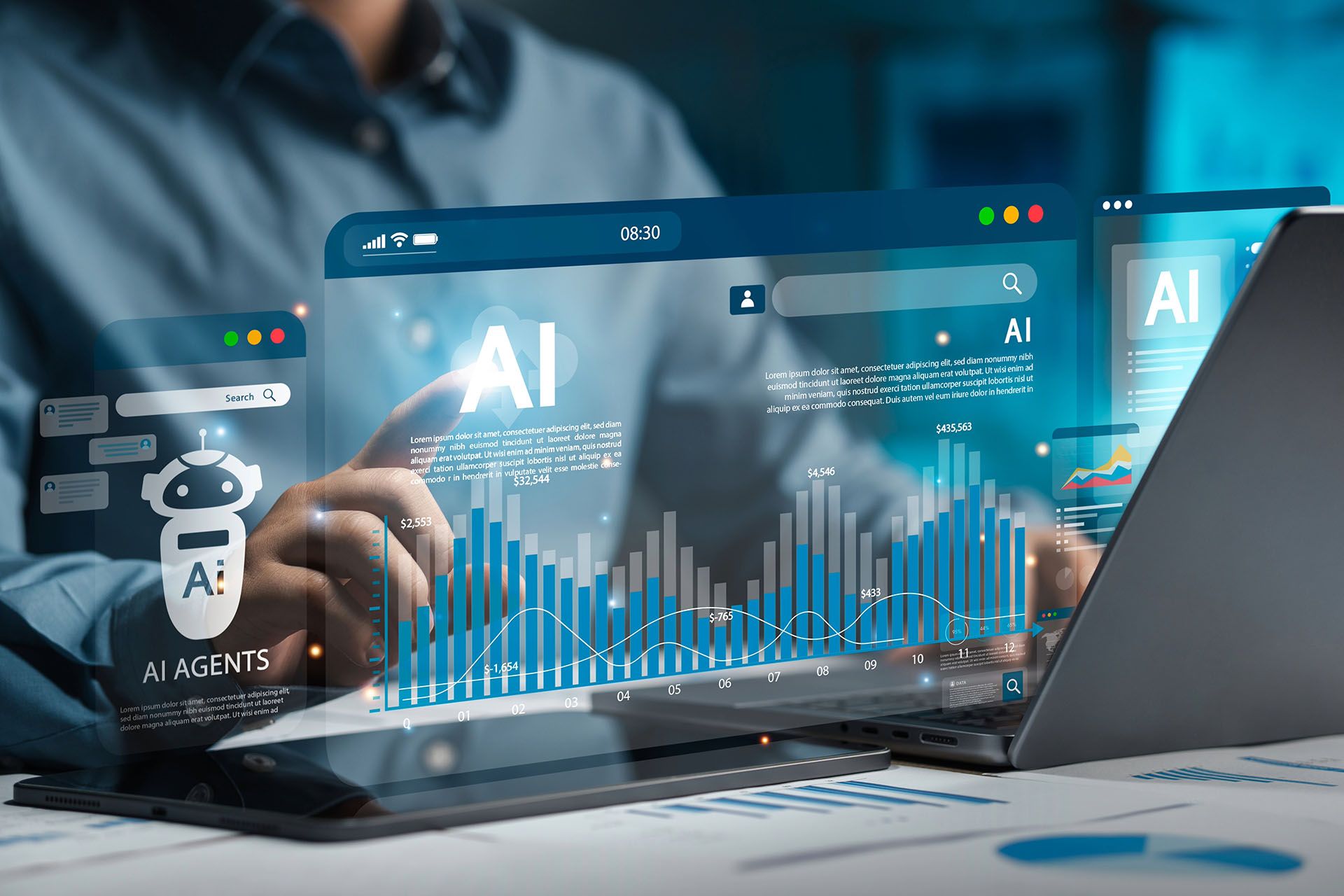 Person using laptop, interacting with AI-generated data visualizations in blue and white; workspace setting.