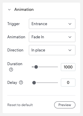 Animation settings: entrance trigger, fade-in animation, in-place direction, 1000ms duration, 0ms delay.