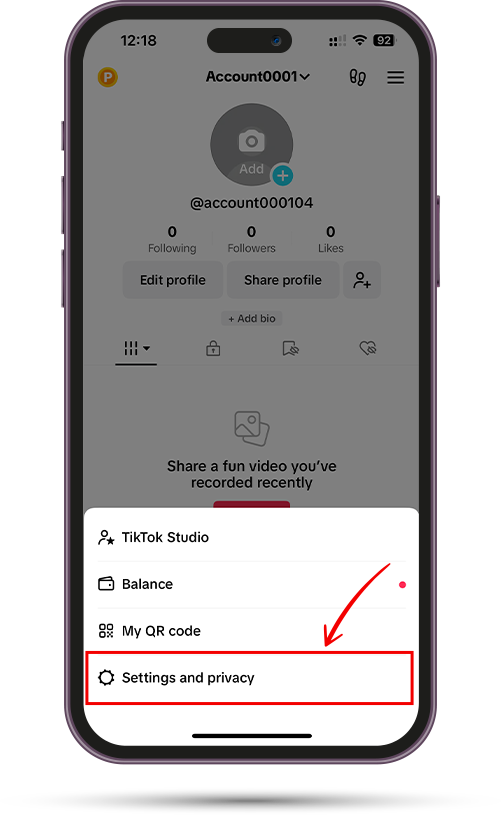 Settings and privacy button