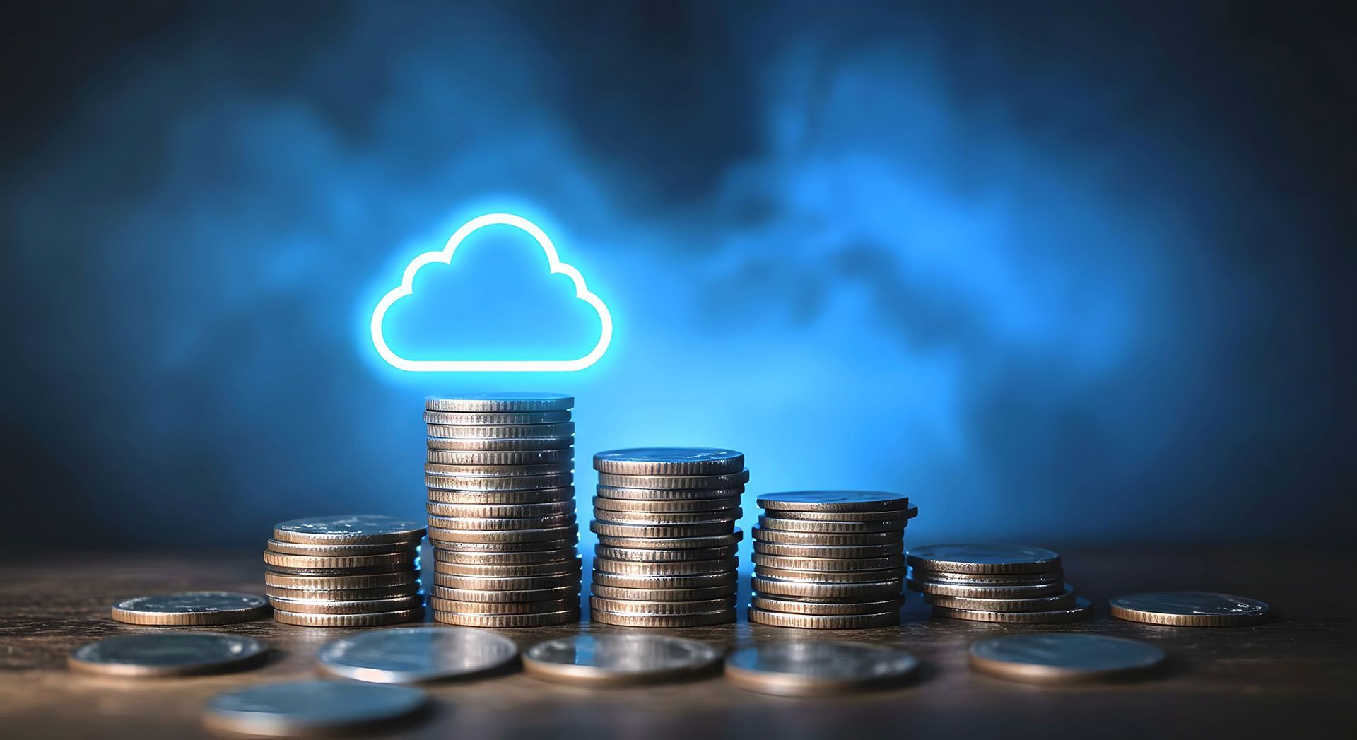 A stack of coins with a cloud coming out of them.