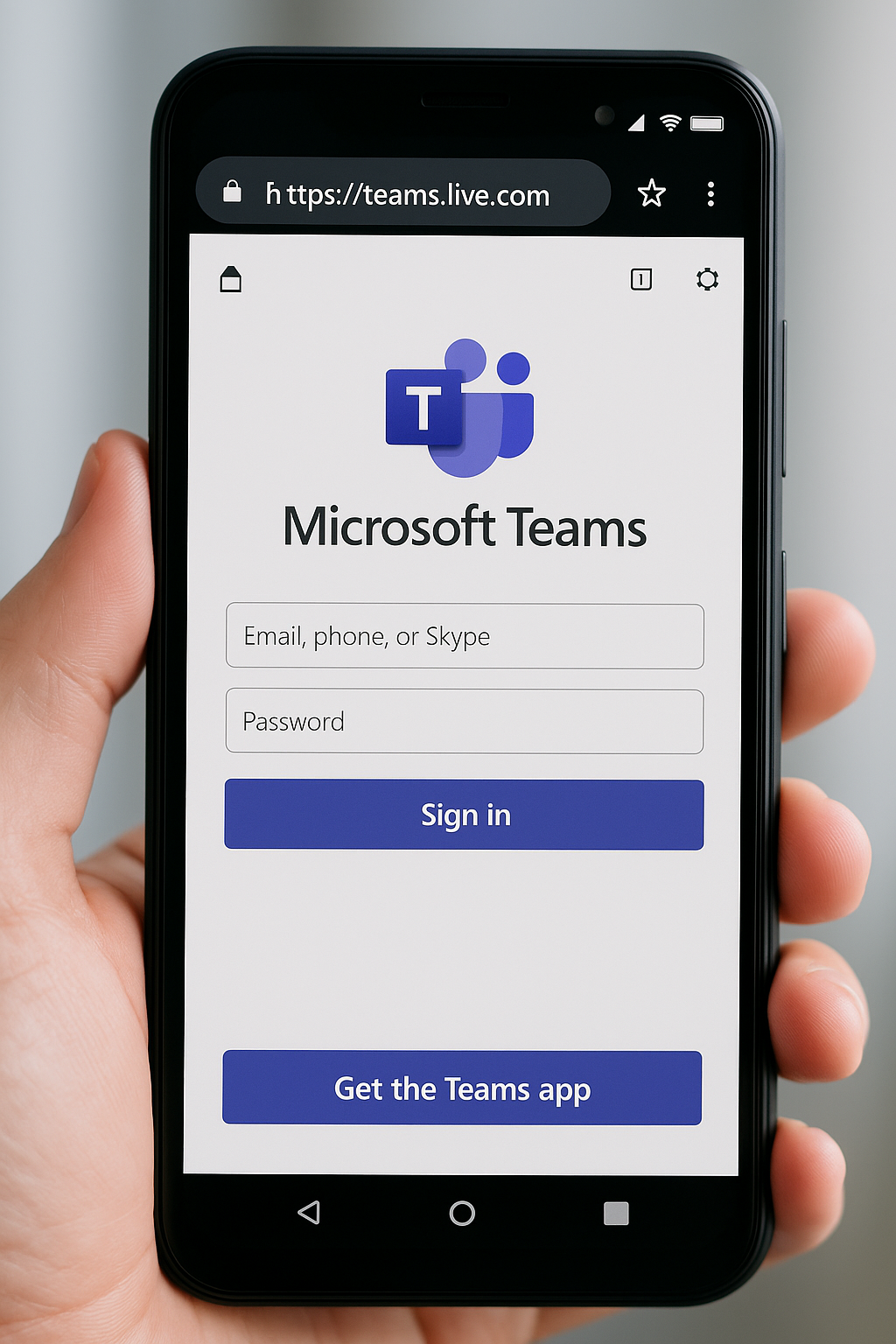 A person is holding an Android phone with the Microsoft Teams app on it.