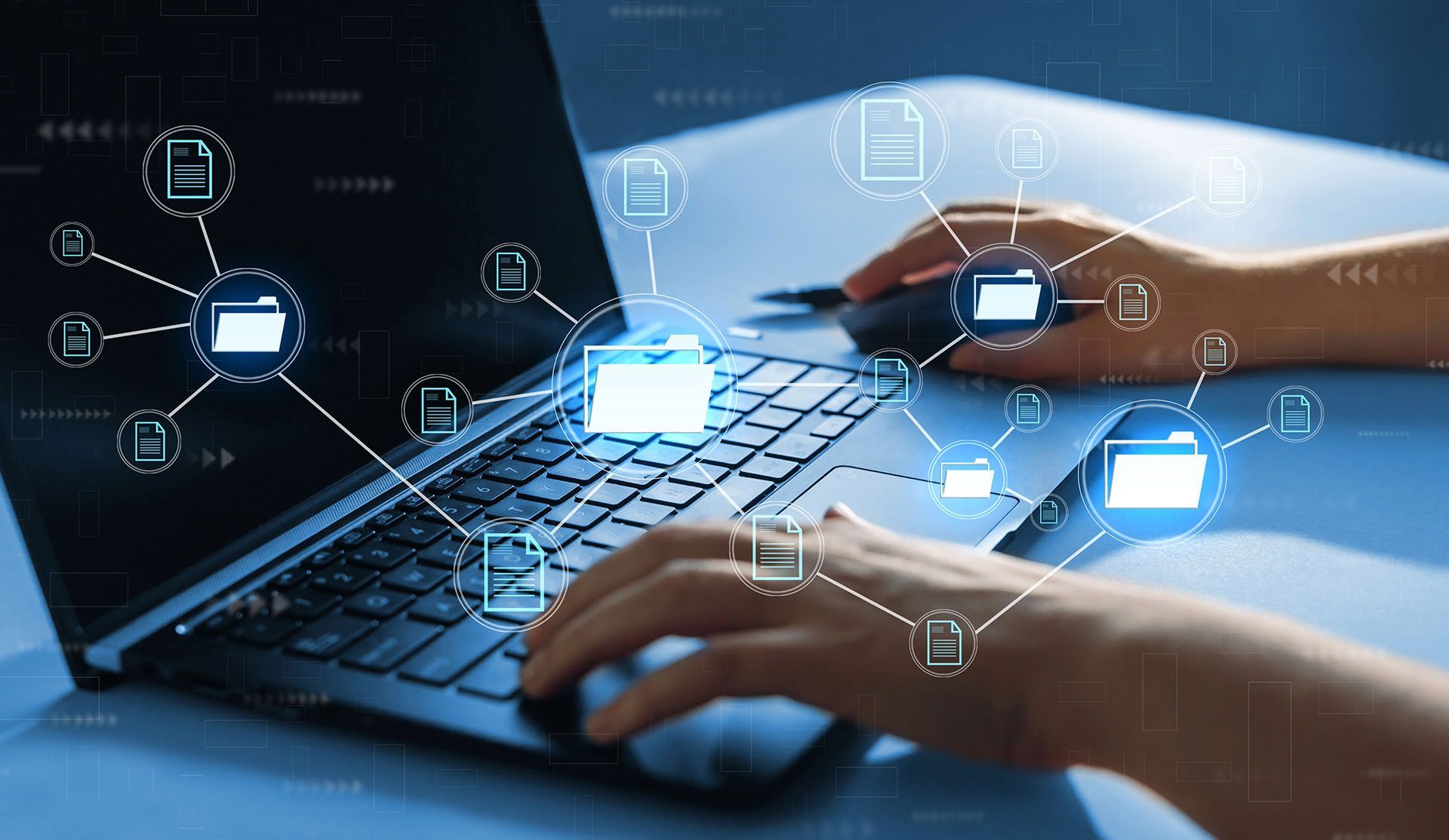 Hands using a laptop and mouse with a network of document and folder icons overlaid.