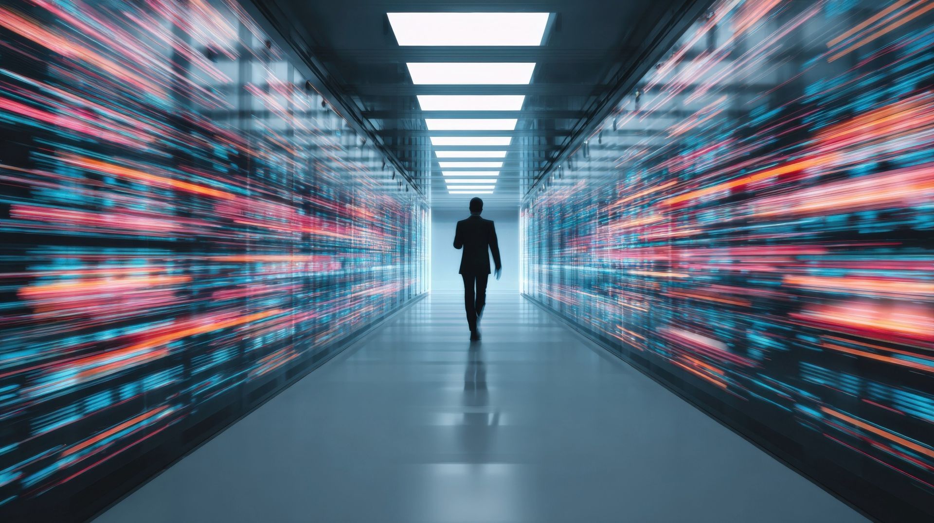 Silhouette of person walking through data center, surrounded by blurred lights.