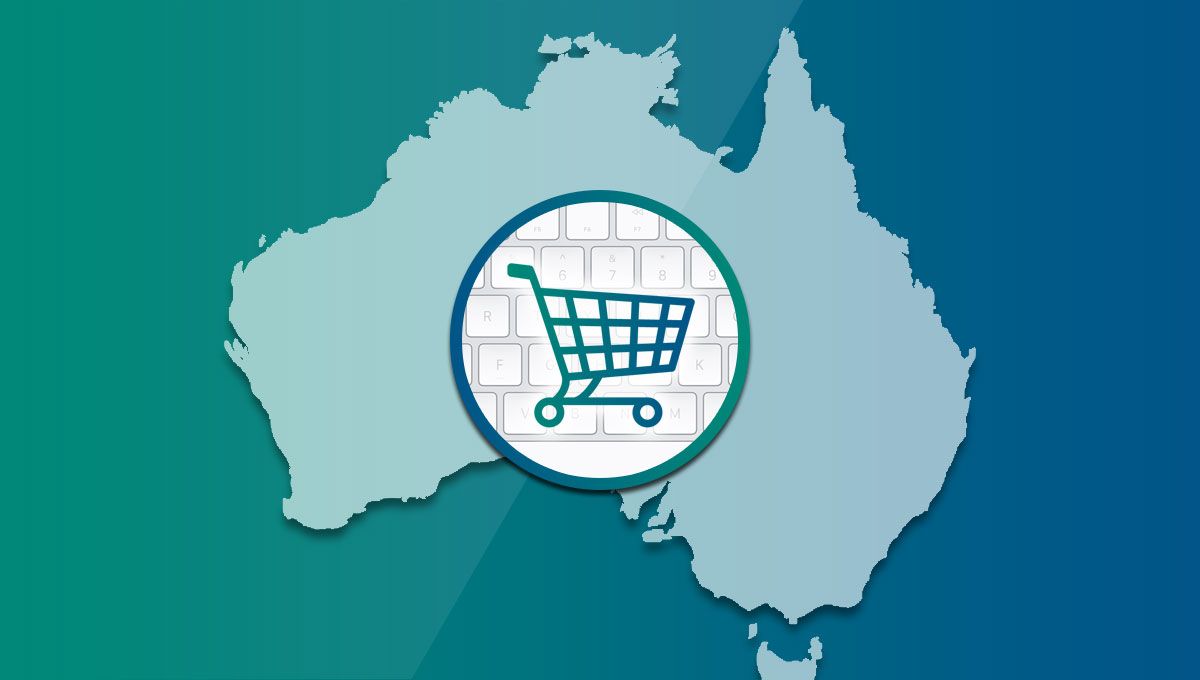 A shopping cart icon over a map of Australia against a blue and green gradient background.