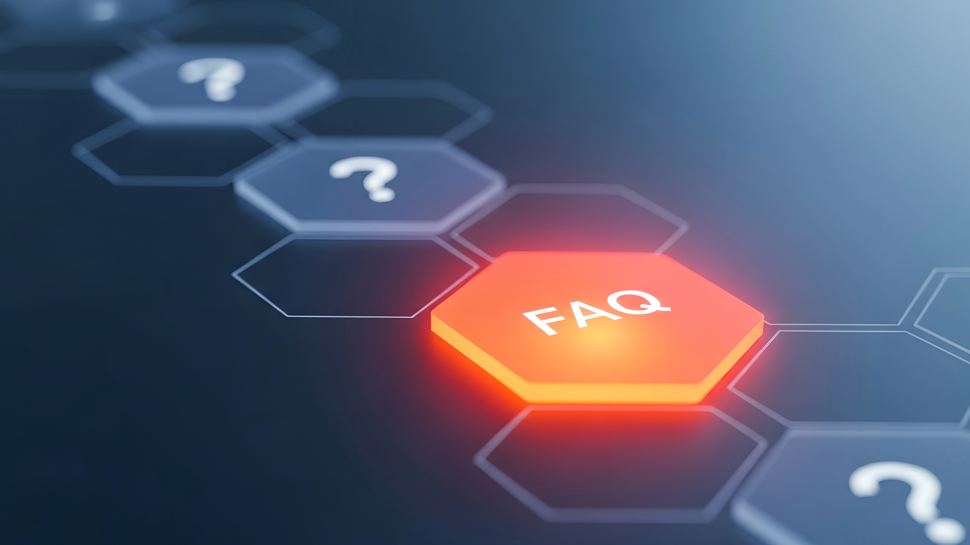 A glowing orange hexagonal FAQ button centered among several blue hexagonal question mark icons on a dark background.