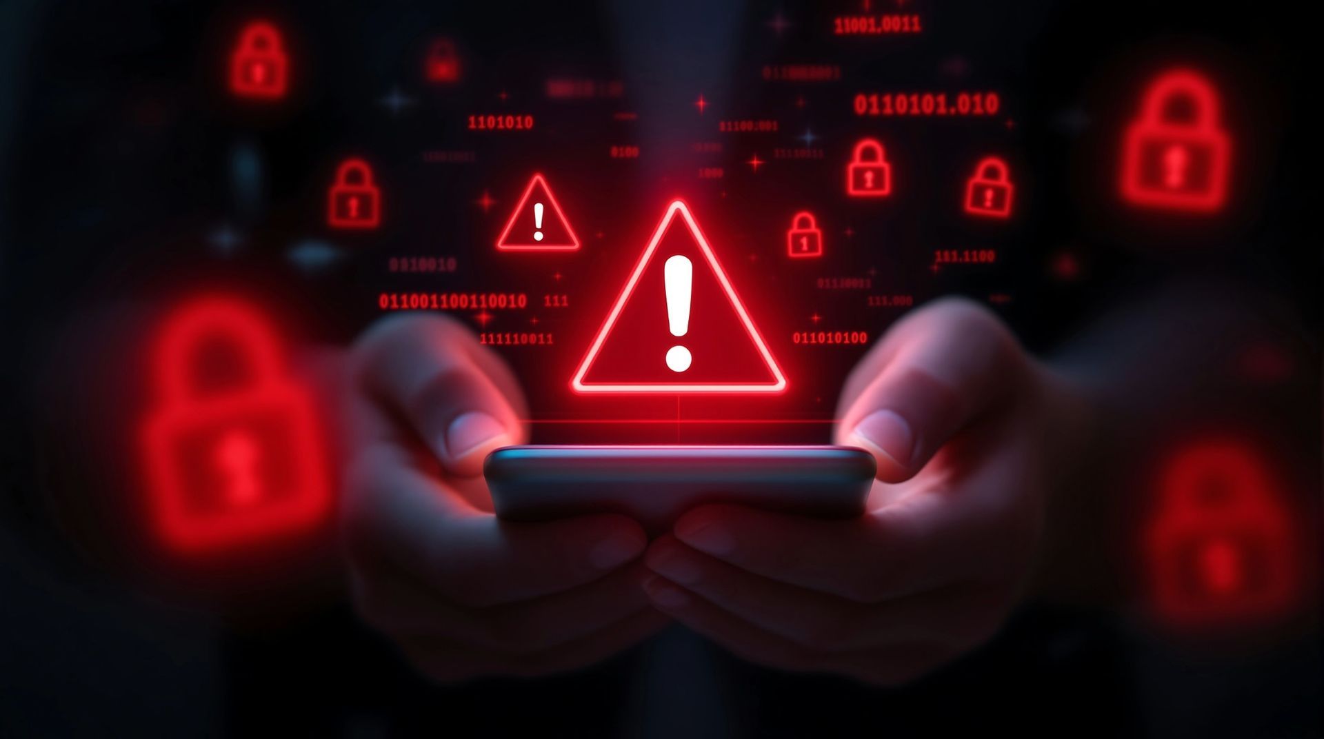 Hands holding a phone, with a glowing red warning symbol and padlocks overlayed.
