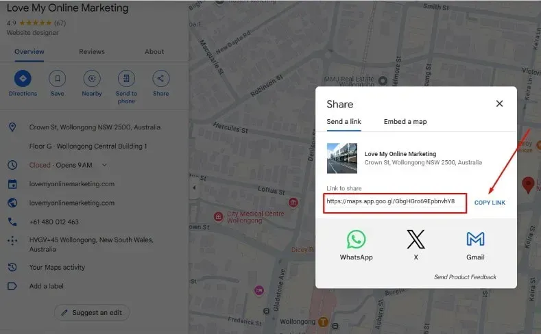 Share Google Business Profile via Google Maps Copy link