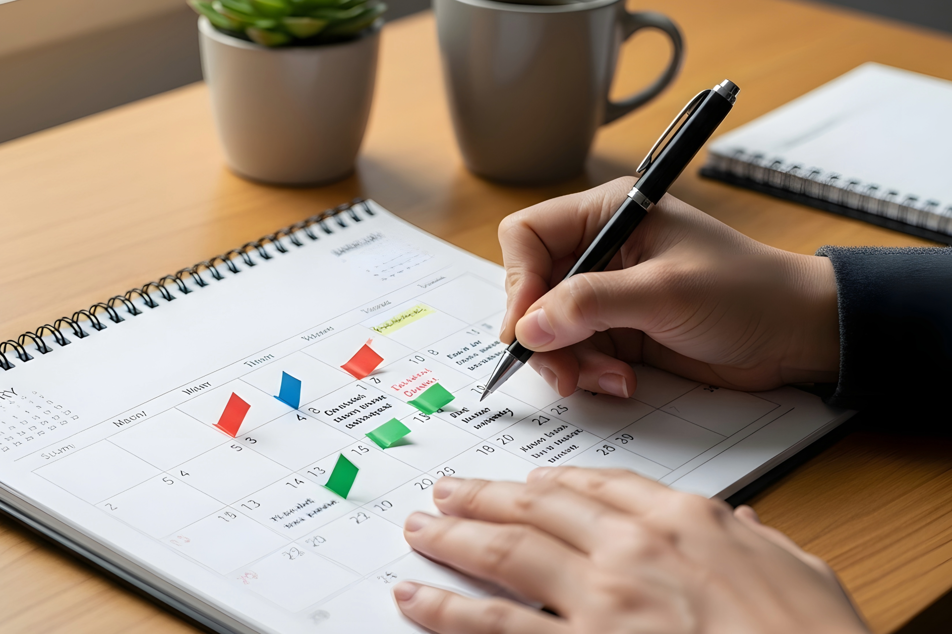 Person writing on calendar with colorful sticky notes, coffee cup, succulent plant.