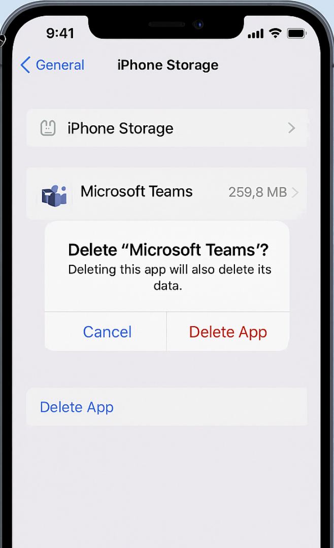 The Microsoft Teams app on an iPhone is pointing to the delete app.