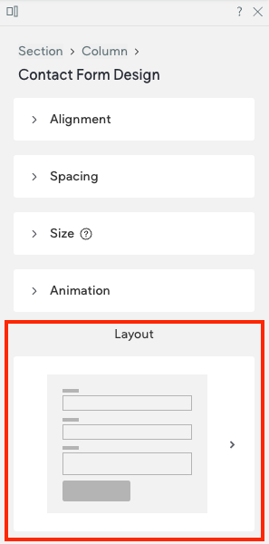 Contact form design section with layout options, including a preview of the form fields and submit button.