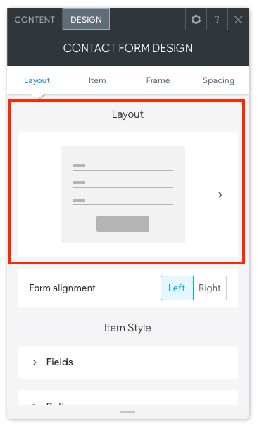 Screenshot of a contact form design interface, showing layout options, including form alignment buttons.