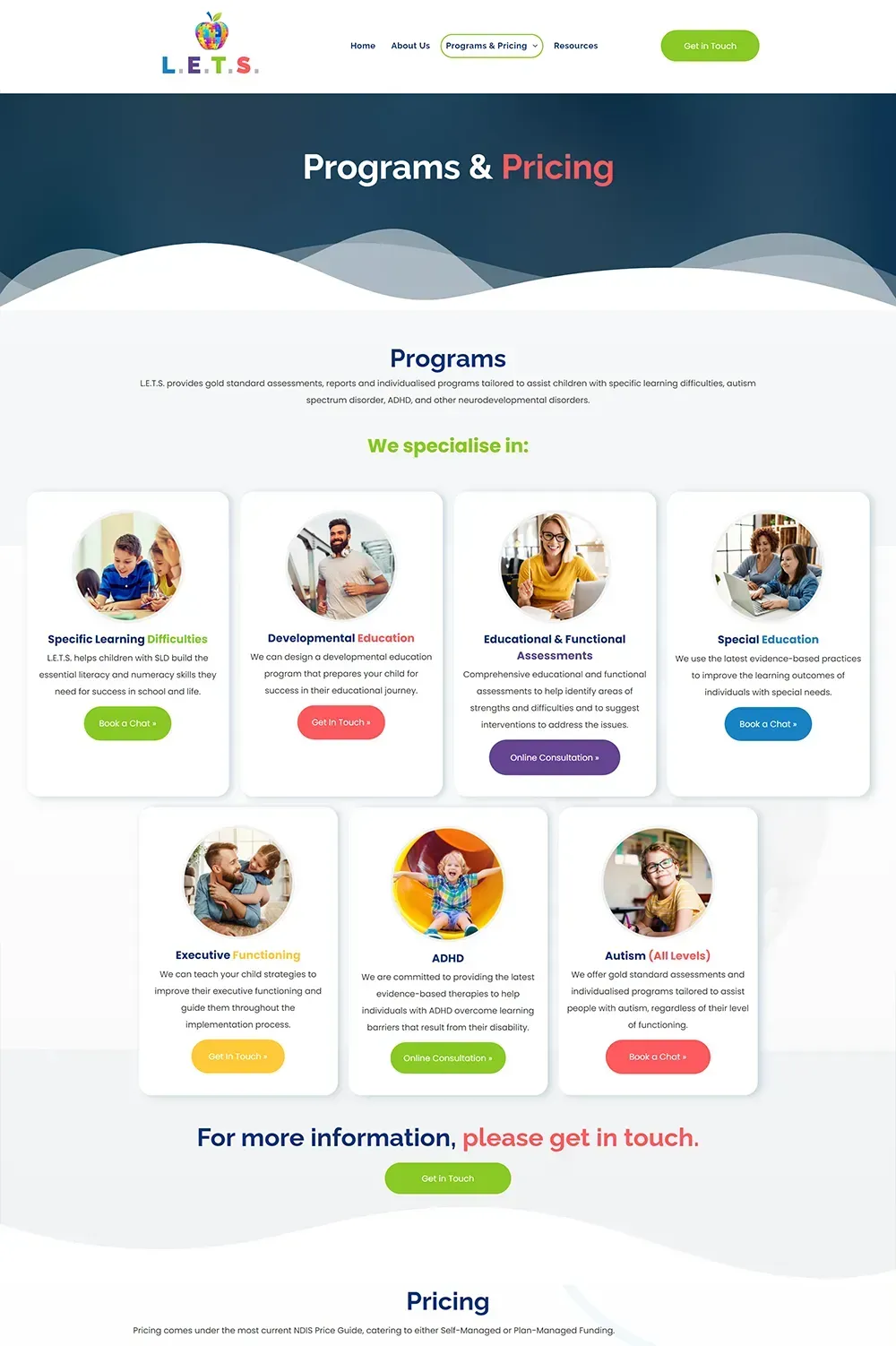 L.E.T.S. programs and pricing page website preview