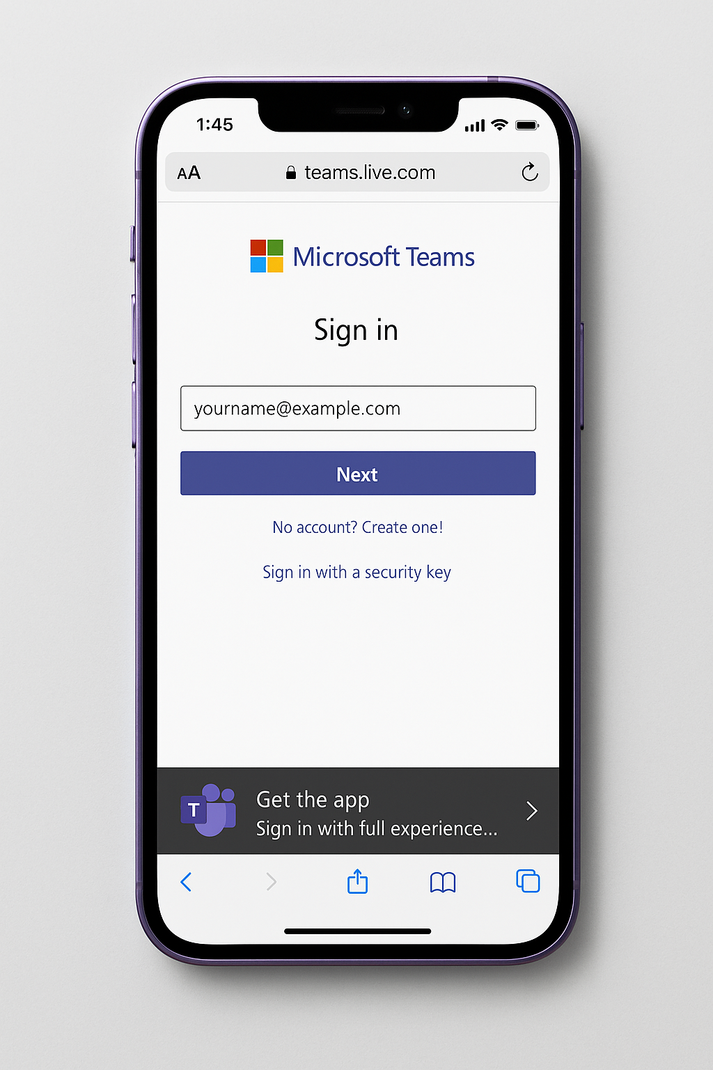 A Microsoft Teams sign-in page on an iPhone
